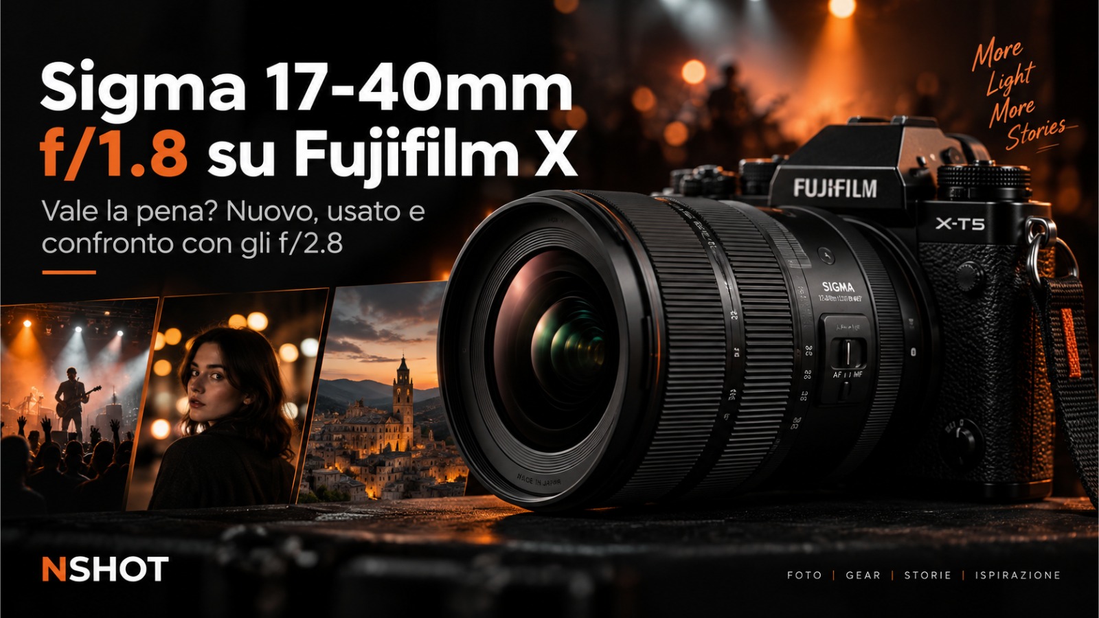 Sigma 17-40mm f/1.8 su Fujifilm X, immagine in evidenza NSHOT con obiettivo Sigma montato su fotocamera Fujifilm e grafica articolo confronto nuovo, usato e zoom f/2.8