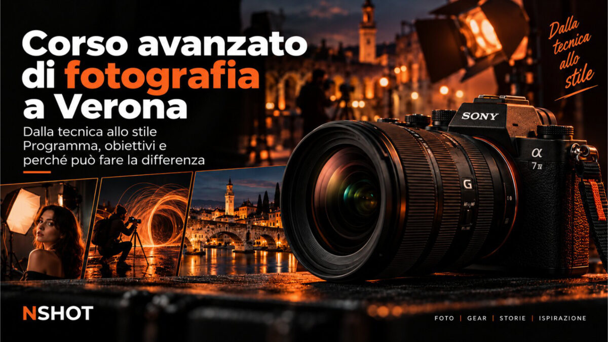 Copertina del corso di fotografia avanzato a Verona di NSHOT, con fotocamera, ritratto e scene fotografiche notturne